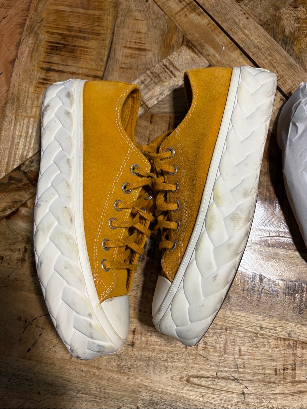 Converse women’s Mustard Yellow Suede Platform Lace-Up Sneakers-braided sole